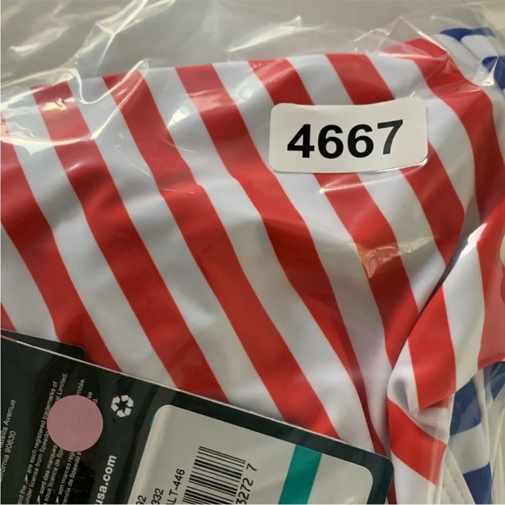 Speedo Girl’s Swimsuit One Piece Blue and Red Stripes Size 16 NWT UPF 50+